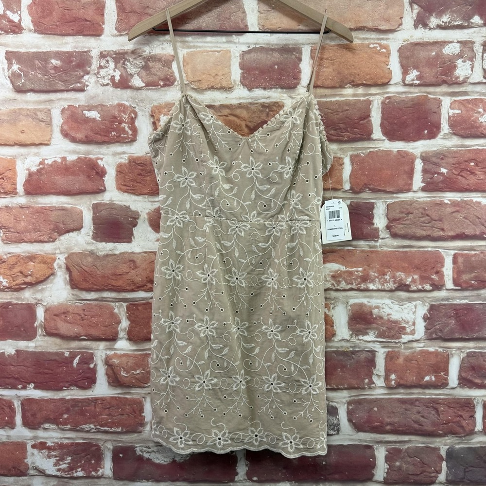 ROWA Dress Women's L Tan Cream Embroidered Floral Vine Eyelet Casual Tie Back